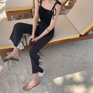 Drawstring Strap Cropped Top / High-waist Drawstring Chiffon Pants