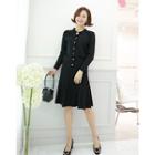 Set: Faux-pearl Buttoned Cardigan + Knit Skirt With Brooch