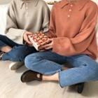 Plain Long-sleeve Collared Knit Top