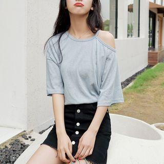 Shoulder Cut Out Elbow-sleeve T-shirt / A-line Skirt / Shorts / Sweatpants