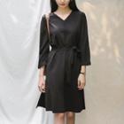 V-neck Slit-side Dress With Sash Black - One Size
