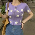 Short-sleeve Flower-accent Button-up Crop Top