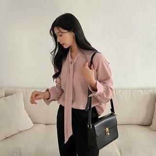 Plus Size Tie-neck Faux-pearl Blouse