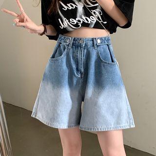 Gradient High-waist Denim Wide-leg Shorts