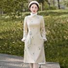 Long-sleeve Flower Embroidered A-line Qipao Dress