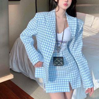 Gingham Blazer / Mini Pencil Skirt / Cropped Camisole Top