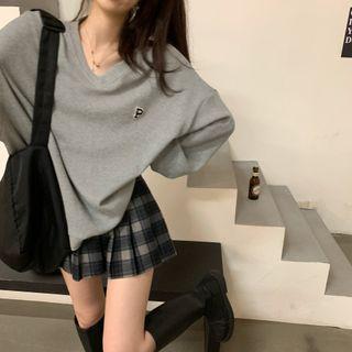 Letter Embroidered Sweatshirt / Plaid Mini Pleated Skirt