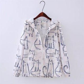 Cat Print Drawstring Zip Hooded Jacket