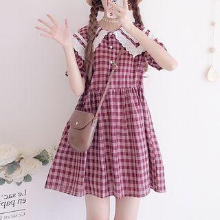 Short-sleeve Lace Trim Plaid Mini Overall Dress