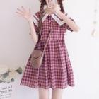 Short-sleeve Lace Trim Plaid Mini Overall Dress