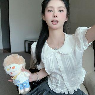 Short-sleeve Peter Pan Collar Pintuck Blouse / Pleated Mini Skirt