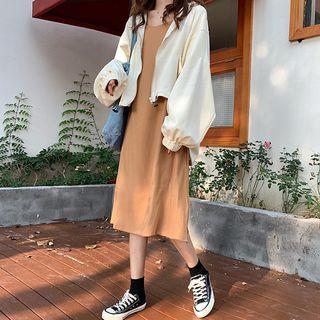 Spaghetti Strap Midi Shift Dress / Lantern-sleeve Oversize Zip Jacket