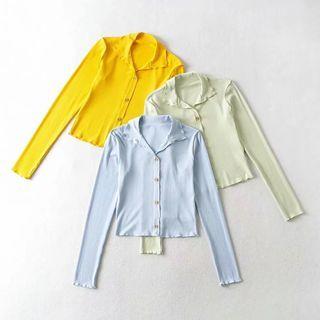 Long-sleeve Collared Button-up Crop Top