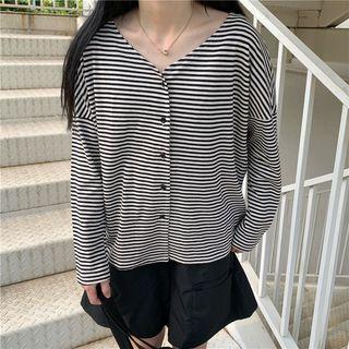 Long-sleeve Striped V-neck Buttoned Knit Top As Shown In Figure - One Size