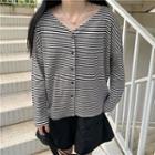 Long-sleeve Striped V-neck Buttoned Knit Top As Shown In Figure - One Size