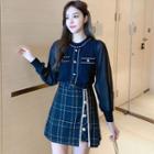 Long-sleeve Knit Blouse / Plaid Mini A-line Skirt