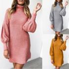 Puff Sleeve Mock Neck Ribbed Knit Mini Dress