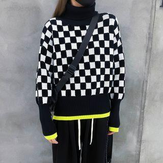 Checkerboard Turtleneck Sweater Black - One Size