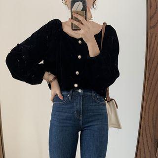 Puff-sleeve Square Neck Velvet Blouse