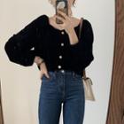 Puff-sleeve Square Neck Velvet Blouse