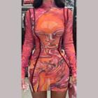 Long Sleeve Printed Mesh Mini Bodycon Dress