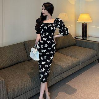 Bow Print Midi Bodycon Dress