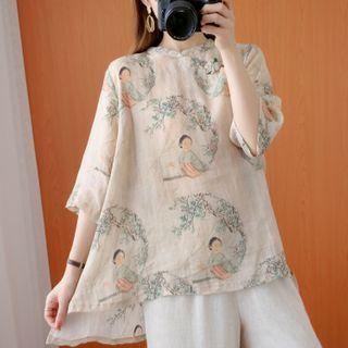 Elbow-sleeve Cartoon Print Blouse