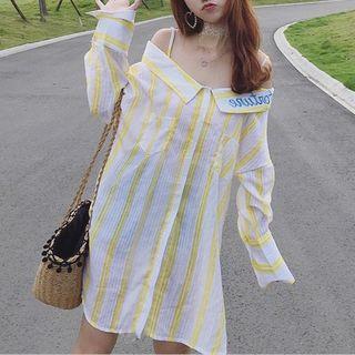 Letter Embroidered Striped Long Shirt