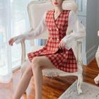 Long-sleeve Double-breasted Check Panel Dress