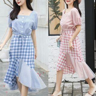 Set: Gingham Short-sleeve Crop Top + Midi Skirt