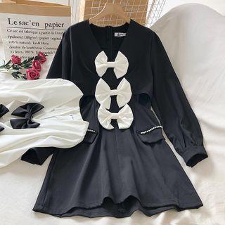 Long-sleeve V-neck Bow Shirt Dress
