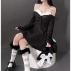 Long-sleeve Cold-shoulder Ribbon Mini A-line Dress