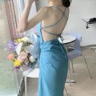 Plain Open-back Suspender Skirt Aqua Blue - One Size