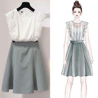 Set: Sleeveless Blouse + Plaid A-line Skirt