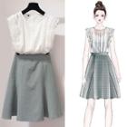 Set: Sleeveless Blouse + Plaid A-line Skirt