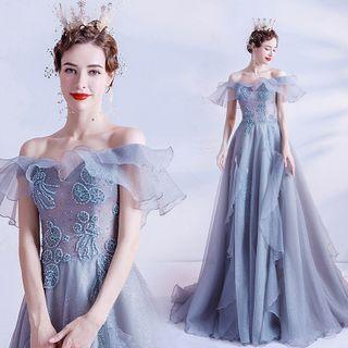 Off-shoulder Ruffle Trim A-line Evening Gown