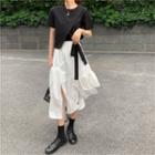 Short-sleeve Tie-front T-shirt / Asymmetric Midi A-line Skirt