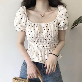 Polka Dot Short-sleeve Gathered Waist Top