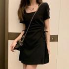 Short-sleeve Square-neck Drawstring Mini A-line Dress