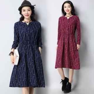 Print V-neck Long-sleeve Medium Maxi Dress