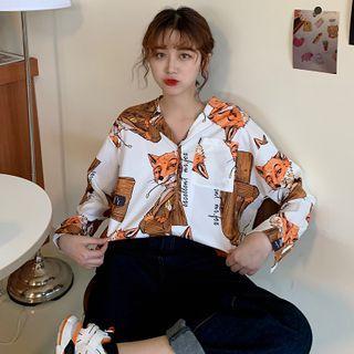 Long Sleeve Fox Print Shirt As Shown In Figure - One Size