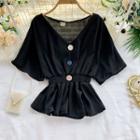Elbow-sleeve Frill Trim Buttoned Chiffon Blouse