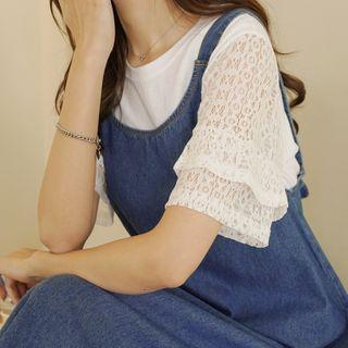 Ruffle-trim Lace-sleeve T-shirt