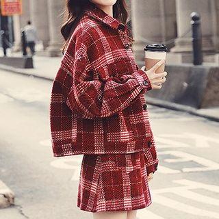 Set: Plaid Shirt Jacket + A-line Skirt