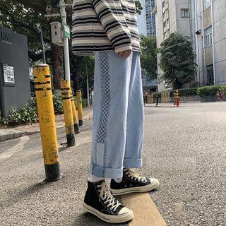 High-waist Plaid Loose Fit Straight Cut Jeans