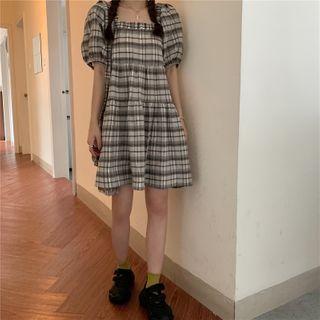 Puff Sleeve Plaid Dress Gray - One Size