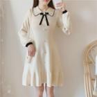 Balloon-sleeve Collared Bow A-line Knit Dress