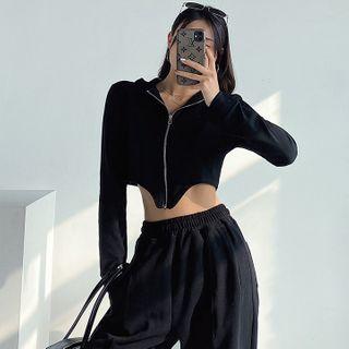 Asymmetric-hem Hooded Crop Jacket