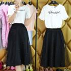 Set: Short-sleeve Lettering T-shirt + Mesh Panel Plain Midi Skirt