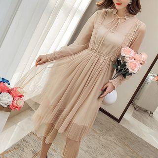 Tie Neck Long-sleeve Mesh Midi Dress